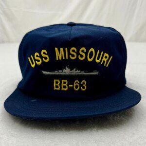 Vintage USS Missouri BB-63 Battleship Navy Snapback Cap Embroidered Blue (A)